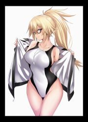 Rule 34 | 1girl, absurdres, bare shoulders, black-framed eyewear, black border, blonde hair, blue eyes, border, breasts, collarbone, competition swimsuit, covered navel, fate/grand order, fate (series), glasses, hair between eyes, high ponytail, highres, hip focus, jacket, jeanne d&#039;arc (fate), jeanne d&#039;arc (ruler) (fate), jeanne d&#039;arc (swimsuit archer) (fate), jeanne d&#039;arc (swimsuit archer) (second ascension) (fate), large breasts, long hair, looking at viewer, looking to the side, one-piece swimsuit, open clothes, open jacket, ponytail, simple background, smile, solo, swimsuit, thighs, ulrich (tagaragakuin), whistle, white background, white jacket, white one-piece swimsuit, zipper