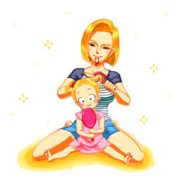 Rule 34 | 2girls, android 18, barefoot, black eyes, blonde hair, blush, brush, brushing another&#039;s hair, brushing hair, child, dragon ball, dragonball z, dress, full body, hand mirror, head tilt, marron (dragon ball), mirror, mother and daughter, multiple girls, pink dress, shorts, simple background, sitting, smile, spread legs, thighs, twintails, white background