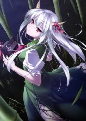 Rule 34 | 1girl, absurdres, bamboo, bamboo forest, ex-keine, female focus, forest, hat, highres, holding, holding clothes, holding hat, horns, kamishirasawa keine, long hair, looking up, nature, night, red eyes, rokuwata tomoe, silver hair, smile, solo, touhou, unworn hat, unworn headwear