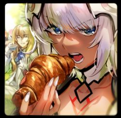 Rule 34 | 1boy, 1girl, armor, blonde hair, blue eyes, body markings, breasts, caenis (fate), cleavage, closed eyes, croissant, cup, dark-skinned female, dark skin, eating, fate/grand order, fate (series), food, formal, galibo, headpiece, kirschtaria wodime, large breasts, long hair, looking at viewer, nail polish, open mouth, pauldrons, shoulder armor, smile, suit, tattoo, teacup, white hair, white nails, white suit