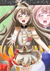 Rule 34 | 1girl, artist name, artist request, badge, bare shoulders, black bow, blush, bow, brown eyes, brown hair, dress, earrings, female focus, gloves, grey dress, grey skirt, hair ornament, hairclip, holding, jewelry, light brown hair, long hair, looking at viewer, love live!, love live! school idol festival, love live! school idol project, minami kotori, minami kotori (bird), red ribbon, ribbon, skirt, solo, sparkle, uraranetto, white gloves