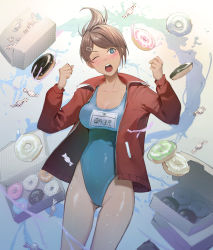 Rule 34 | 1girl, ;o, absurdres, asahina aoi, blue eyes, blush, breasts, brown hair, candy, candy wrapper, cleavage, clothes writing, collarbone, competition swimsuit, cowboy shot, danganronpa: trigger happy havoc, danganronpa (series), dark-skinned female, dark skin, doughnut, food, gluteal fold, hair ornament, hairclip, highleg, highleg swimsuit, highres, jacket, kyandii, large breasts, looking at viewer, one-piece swimsuit, one eye closed, open clothes, open jacket, open mouth, ponytail, red jacket, short hair, solo, standing, swimsuit, swimsuit under clothes, tan, tanline, teeth, track jacket, upper teeth only, water
