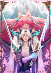 Rule 34 | 1boy, 1girl, ahri (league of legends), animal ear fluff, animal ears, artist name, bare pectorals, bare shoulders, bell, border, braid, closed mouth, collarbone, dual persona, closed eyes, facial mark, fox ears, fox tail, hair bell, hair between eyes, hair ornament, highres, holding, holding sword, holding weapon, horns, kitsune, kyonniee, league of legends, long hair, long sleeves, multiple tails, off shoulder, parted lips, pectorals, petals, pink hair, signature, smile, spirit blossom ahri, spirit blossom yone, sword, tail, weapon, whisker markings, white hair, wide sleeves, yone (league of legends)