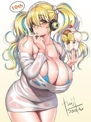 Rule 34 | 1girl, aqua hair, bikini, bikini under clothes, birthday, blonde hair, blush, breasts, cleavage, food, headphones, highres, holding, holding food, holding ice cream, huge breasts, ice cream, jewelry, multicolored hair, necklace, nitroplus, off-shoulder shirt, off shoulder, orange eyes, plump, see-through, see-through shirt, shirt, short hair, signature, solo, star (symbol), star necklace, super pochaco, swimsuit, thick thighs, thighs, tsuji santa, twintails, two-tone hair, wet, wet clothes, wet shirt
