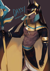 Rule 34 | 1boy, ancient egyptian architecture, ancient egyptian hat, anubis (mythology), artist name, blue hair, burnt cheese cookie, cookie run, covered eyes, dark-skinned male, dark skin, egyptian clothes, expressionless, from side, highres, holding, holding staff, humanization, male focus, nekoyasiki33, personification, solo, staff