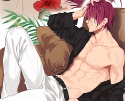 Rule 34 | 1boy, abs, bare pectorals, belt, black belt, black shirt, blouse, collarbone, couch, free!, from side, hair between eyes, hand on own head, looking to the side, male focus, matsuoka rin, navel, nipples, okii (oh ki ik), open clothes, open shirt, pants, pectorals, red eyes, red hair, shirt, short hair, single bare shoulder, stomach, toned, toned male, white pants