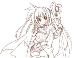 Rule 34 | 00s, 1girl, :d, bardiche (nanoha), belt, bodysuit, buckle, cape, cowboy shot, fate testarossa, greyscale, looking at viewer, lyrical nanoha, mahou shoujo lyrical nanoha, monochrome, open mouth, simple background, smile, solo, thighhighs, underwear, upper body, white background