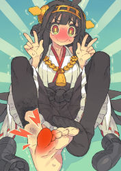 Rule 34 | 1girl, ahoge, barefoot, blush, detached sleeves, double v, feet, foot focus, forced smile, hair ornament, hairband, headgear, injury, itsumo nokoru, japanese clothes, kantai collection, kongou (kancolle), long hair, no shoes, parody, personification, simple background, sitting, skirt, smile, solo, tears, thighhighs, toes, torn clothes, torn thighhighs, v, wavy mouth, wide sleeves