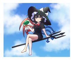 Rule 34 | 1girl, alternate eye color, asymmetrical wings, barefoot, black dress, black eyes, black hair, blue sky, blue wings, bow, bowtie, breasts, closed mouth, cloud, commentary, commission, crossed legs, day, dress, english commentary, ferdy&#039;s lab, flying, full body, hat, highres, houjuu nue, looking at viewer, no legwear, outdoors, polearm, red bow, red bowtie, red wings, short dress, short hair, short sleeves, sky, small breasts, smile, snake, solo, touhou, trident, twitter username, ufo, weapon, wings, witch hat