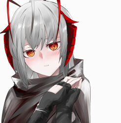 Rule 34 | 1girl, ahoge, antenna hair, ao oni (onioni-aoi), arknights, black gloves, blush, brown eyes, commentary request, demon girl, demon horns, fingerless gloves, fingernails, gloves, grey cloak, grey hair, head tilt, highres, horns, looking at viewer, parted lips, partial commentary, short hair, simple background, solo, textless version, w (arknights), white background