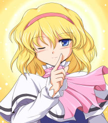 Rule 34 | 1girl, alice margatroid, blonde hair, blue eyes, capelet, female focus, flx, hairband, one eye closed, short hair, smile, solo, touhou, upper body, wink