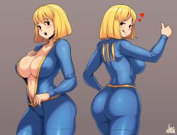 Rule 34 | 1girl, :o, artist name, ass, blonde hair, blue jumpsuit, blush, breasts, cameltoe, cleavage, cleft of venus, covered erect nipples, fallout (series), fallout 4, heart, highres, jmg, jumpsuit, large breasts, medium hair, multiple views, nipples, sideboob, signature, thighs, thumbs up, tongue, tongue out, undressing, vault suit, zipper, zipper pull tab