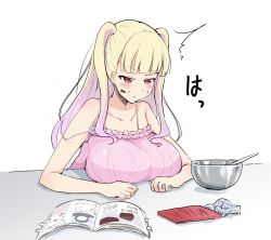 Rule 34 | 1girl, blunt bangs, blush, book, breast rest, breasts, chocolate, chocolate on face, english text, food, food on face, huge breasts, long hair, open book, red eyes, seseri7th, sleepy, solo, strap slip, tokyo 7th sisters, two side up, uesugi u. kyouko
