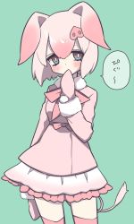 Rule 34 | 10s, 1girl, adapted costume, animal ears, blue eyes, blush, coat, cowboy shot, dress, frilled dress, frills, fur collar, fur trim, green background, highres, kemono friends, long sleeves, mittens, petit ramune, pig (kemono friends), pig ears, pig nose, pig tail, pink hair, short hair, simple background, solo, tail, thighhighs, translated, winter clothes, zettai ryouiki