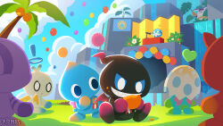 Rule 34 | 1boy, balloon, big the cat, blue sclera, blue sky, chao (sonic), chao garden, colored sclera, commentary request, dark chao, facial hair, food, food on face, fruit, grass, heart, hero chao, holding, holding food, holding fruit, looking at another, medal, microphone, mustache, official art, palm tree, round eyewear, sharp teeth, sky, sonic (series), teeth, tree, uno yuuji, water, waterfall, wings