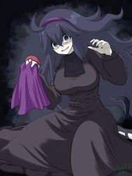 Rule 34 | 1girl, @ @, ahoge, alternate breast size, black hair, black nails, breasts, cloth, commentary request, creatures (company), dress, game freak, grey eyes, hairband, hex maniac (pokemon), highres, holding, holding poke ball, kirichiya desune, large breasts, long hair, long sleeves, nail polish, nintendo, open mouth, poke ball, poke ball (basic), pokemon, pokemon xy, purple hairband, sitting, smile, solo, tongue