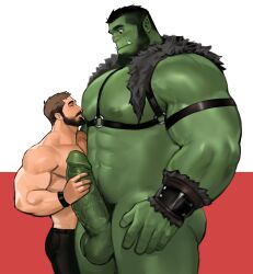 Rule 34 | 2boys, abs, bara, bare pectorals, beard, blush, bottomless, chest harness, closed eyes, couple, cowboy shot, dopey (dopq), erection, facial hair, from side, full beard, girthy penis, handjob, harness, highres, interspecies, large hands, large pectorals, large penis, male focus, mature male, multiple boys, muscular, muscular male, mustache, navel, nipples, nude, original, paid reward available, pectorals, penis, profile, short hair, size difference, standing, strongman waist, sucking male nipple, thick beard, thick eyebrows, uncensored, undercut, veins, veiny arms, yaoi