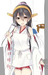 Rule 34 | 10s, 1girl, :o, apron, bare shoulders, black hair, blush, bowl, cowboy shot, detached sleeves, door, doorknob, eyebrows, food, hair between eyes, hair ornament, hairclip, haruna (kancolle), headgear, holding, kantai collection, ladle, long hair, long sleeves, looking at viewer, miniskirt, nontraditional miko, open mouth, opening door, pleated skirt, pocket, red skirt, ribbon, ribbon-trimmed skirt, ribbon-trimmed sleeves, ribbon trim, round teeth, sarashi, skirt, solo, table, teeth, very long hair, walk-in, white apron, white ribbon, wide sleeves, yellow eyes, yuki (yukin0128)