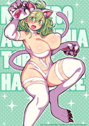 Rule 34 | 1girl, :d, animal ears, animal hands, arm up, armpits, artist name, bare shoulders, blush, boku no hero academia, breasts, cat ears, cat paws, cat tail, character name, claws, cleavage, collarbone, commentary request, copyright name, cosplay, fake animal ears, fake tail, felicia (vampire), felicia (vampire) (cosplay), fur, green background, green eyes, green hair, hagakure tooru, hair between eyes, halftone, halftone background, large breasts, looking at viewer, medium hair, messy hair, navel, open mouth, partial commentary, pink hair, revealing clothes, saltydanshark, sidelocks, smile, solo, sparkle, stomach, tail, unusually visible, vampire (game), white fur