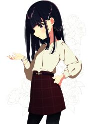 Rule 34 | 1girl, black hair, black pantyhose, black skirt, blush, cowboy shot, earrings, flat chest, floral background, hair ornament, hairclip, hand on own hip, hand up, highres, jewelry, lobor, long hair, long sleeves, looking at watch, mamyouda, original, pantyhose, profile, purple eyes, shirt, shirt tucked in, skirt, solo, sparkle, watch, white background, white shirt, wristwatch