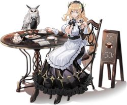 Rule 34 | 1girl, :d, ahoge, apron, ark order, artist request, back bow, bare shoulders, bird, black apron, black dress, black footwear, black pantyhose, black ribbon, blonde hair, book, bow, braid, braided ponytail, breasts, cake, chair, coffee cup, collared dress, cup, detached sleeves, disposable cup, dress, food, fork, frilled apron, frilled dress, frills, full body, gefjun (ark order), grey eyes, high heels, holding, holding cup, hourglass, large breasts, long hair, long sleeves, looking at viewer, maid, maid headdress, menu board, mole, mole on breast, neck ribbon, official art, open book, open mouth, owl, pantyhose, plate, reservation plate, ribbon, see-through, see-through dress, shadow, shoes, sideboob, sleeve cuffs, smile, solo, table, tachi-e, transparent background, very long hair, waist apron, white apron, white bow