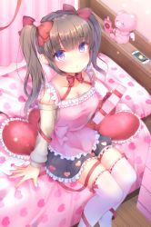 Rule 34 | 1girl, apron, arrow (projectile), bed, black skirt, blush, bow, bow (weapon), box, breasts, brown hair, brown sweater, cellphone, cleavage, clothing cutout, collarbone, commentary request, curtains, frilled apron, frilled pillow, frilled skirt, frills, gift, gift box, hair between eyes, hair bow, hair ornament, heart, heart arrow, heart cutout, heart hair ornament, heart-shaped pillow, highres, holding, holding gift, indoors, long hair, long sleeves, off-shoulder, off-shoulder sweater, off shoulder, on bed, original, parted lips, phone, pillow, pink apron, purple eyes, red bow, red ribbon, ribbed sweater, ribbon, ribbon-trimmed legwear, ribbon trim, sitting, skirt, small breasts, smartphone, solo, stuffed animal, stuffed toy, sweater, teddy bear, thighhighs, twintails, valentine, weapon, white thighhighs, yuyuko (yuyucocco)