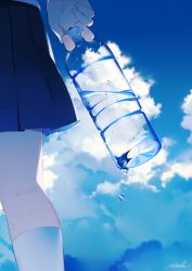 Rule 34 | 1girl, achiki, blue skirt, bottle, close-up, holding, holding bottle, mountain, original, scenery, signature, skirt, sky, solo, water, water bottle, water drop