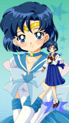 Rule 34 | 1990s (style), 1girl, bishoujo senshi sailor moon, blue eyes, blue hair, blue sailor collar, blue skirt, blue theme, blush, book, bow, brooch, choker, circlet, earrings, elbow gloves, gloves, gradient background, green background, green theme, hair ornament, halftone, halftone background, heart, heart brooch, highres, holding, holding book, jewelry, light smile, loafers, looking at viewer, matching hair/eyes, mikiky, mizuno ami, official style, retro artstyle, sailor collar, sailor mercury, sailor senshi, school uniform, serafuku, shoes, short hair, skirt, socks, solo, standing, star (symbol), super sailor mercury, v arms