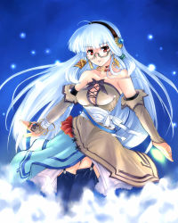 Rule 34 | 1girl, bare shoulders, blue hair, breasts, cleavage, detached sleeves, covered erect nipples, garter belt, glasses, hairband, jewelry, large breasts, long hair, makita yoshiharu, original, red eyes, ring, solo, thighhighs