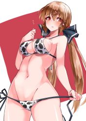 Rule 34 | 1girl, absurdres, animal print, bikini, black bow, blush, bow, breasts, brown eyes, brown hair, cow print, cowboy shot, flying sweatdrops, groin, hair between eyes, hair bow, hair ornament, hairclip, highres, kantai collection, komb, long hair, low twintails, medium breasts, navel, parted lips, solo, swimsuit, tashkent (kancolle), twintails, white bikini