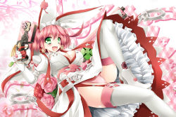 Rule 34 | 1girl, :d, absurdres, blush, breasts, cleavage, cleavage cutout, clothing cutout, clover, dress, dual wielding, earrings, elphelt valentine, female focus, flower, four-leaf clover, gloves, green eyes, guilty gear, guilty gear xrd, gun, handgun, hat, highres, holding, jewelry, kamiya tomoe, large breasts, long sleeves, looking at viewer, open mouth, panties, pantyshot, pink hair, pink panties, pistol, rose, short hair, smile, solo, spikes, thighhighs, underwear, weapon, white thighhighs