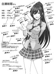 Rule 34 | 1girl, black hair, breasts, character name, cleavage, earrings, greyscale, hagane soushi, height, highres, idolmaster, idolmaster shiny colors, jewelry, long hair, miniskirt, monochrome, open mouth, plaid, plaid skirt, ponytail, shirase sakuya, skirt, solo, standing, translation request, very long hair