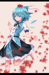 Rule 34 | 1girl, autumn leaves, barefoot, beige background, black ribbon, black skirt, blue bow, blue eyes, blue hair, blue nails, blush, bow, breasts, cirno, commentary request, cosplay, feet out of frame, floral print, hair between eyes, hair bow, hair ribbon, hand up, hat, highres, ice, ice wings, leg up, letterboxed, nail polish, neck ribbon, petticoat, puffy short sleeves, puffy sleeves, red ribbon, ribbon, roke (taikodon), shameimaru aya, shameimaru aya (cosplay), shirt, short hair, short sleeves, simple background, skirt, small breasts, smile, solo, tassel, tokin hat, touhou, white shirt, wings, wrist ribbon