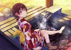 Rule 34 | 1girl, bare shoulders, bath, bench, blush, brown eyes, brown hair, commentary, floral print, flower, from behind, from side, fukahire (ruinon), grass, grin, hair flower, hair ornament, in water, japanese clothes, kimono, looking at viewer, obi, original, outdoors, red kimono, sash, short hair, sitting, smile, soaking feet, solo, yukata