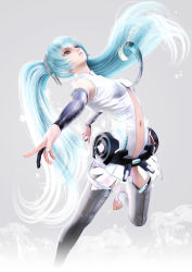Rule 34 | 1girl, 3d, barefoot, blue eyes, blue hair, bridal gauntlets, hair between eyes, hatsune miku, hatsune miku (append), highres, ikedan, long hair, matching hair/eyes, navel, necktie, realistic, solo, thighhighs, twintails, very long hair, vocaloid, vocaloid append