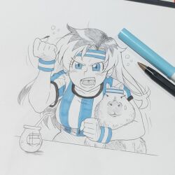 Rule 34 | 1girl, 1other, 2022, 2022 fifa world cup, :3, animal, animal ears, aqua eyes, argentina, argentinian flag, argentinian flag print, belly, blush, breasts, capybara, cheering, disgust, earrings, fingernails, flag print, headband, jewelry, large breasts, long hair, looking at viewer, looking to the side, marker (medium), mate, pen (medium), photo (medium), serious, sidney (zeshgolden), simple background, soccer uniform, sportswear, sweat, traditional media, very long hair, wide hips, world cup, zeshgolden