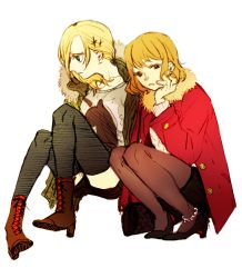 Rule 34 | 2girls, ankle boots, annie leonhart, blonde hair, blue eyes, boots, coat, contemporary, cross-laced footwear, fashion, hair ornament, hairclip, lace-up boots, multiple girls, nose, pantyhose, petra ral, shingeki no kyojin, simple background, sorakura shikiji, squatting, thighhighs, white background