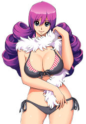 Rule 34 | 1girl, absurdres, alternate costume, bikini, black bikini, blue eyes, blush, breasts, cleavage, curly hair, dragon quest, dragon quest iii, feather boa, highres, large breasts, long hair, looking at viewer, masayan (minor-ms), purple hair, side-tie bikini bottom, simple background, smile, soldier (dq3), solo, swimsuit, very long hair, white background