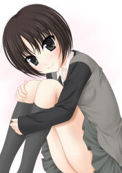 Rule 34 | amagami, ass, black eyes, black socks, black sweater, blush, bob cut, brown hair, casual, closed mouth, collared shirt, commentary request, curled up, dress shirt, feet out of frame, from side, gradient background, grey skirt, grey sweater, hugging own legs, kneehighs, knees up, leaning forward, long sleeves, looking at viewer, looking to the side, minamori noeru, on ground, pink background, raglan sleeves, shirt, short hair, sitting, skirt, sleeves past wrists, smile, socks, sweater, tachibana miya, two-tone sweater, white background, white shirt