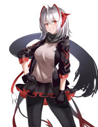 Rule 34 | 1girl, absurdres, arknights, beijiushui, black cardigan, black gloves, black pantyhose, black scarf, black skirt, breasts, cardigan, controller, cowboy shot, demon horns, demon tail, detonator, fangs, fingerless gloves, frilled skirt, frills, gloves, grey shirt, grin, hand on own hip, highres, holding, holding remote control, horns, looking at viewer, medium breasts, nail polish, open cardigan, open clothes, pantyhose, red eyes, red nails, remote control, scarf, shirt, short hair, silver hair, skirt, smile, solo, tail, w (arknights), white background