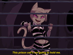 Rule 34 | 1girl, absurdres, adventure time, animal ears, cat ears, cat girl, cell, fangs, female focus, furry, furry female, highres, me-mow, navel, pink eyes, plague of gripes, prison, solo, striped, tail