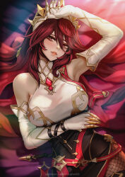 Rule 34 | 1girl, armpits, breasts, claw ring, detached sleeves, fishnets, genshin impact, headdress, highres, large breasts, lips, long hair, looking at viewer, lying, magion02, on back, on bed, red hair, rosaria (genshin impact), signature, solo