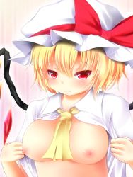 Rule 34 | 1girl, alternate breast size, ascot, blonde hair, blush, breasts, crystal, dress shirt, flandre scarlet, hat, hat ribbon, highres, large breasts, looking at viewer, mob cap, nipples, open clothes, open shirt, red eyes, rena (riries), ribbon, shirt, short hair, smile, solo, touhou, wings
