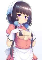 Rule 34 | 1girl, apron, bikini, bikini top only, black bikini, black hair, blend s, blunt bangs, blush, breasts, closed mouth, collared shirt, gloves, gradient background, hands on own chest, hands up, head scarf, highres, light smile, low twintails, medium breasts, micro bikini, micro bikini top, open clothes, open shirt, partially unbuttoned, pink shirt, pink skirt, pleated skirt, pom pom (clothes), puffy short sleeves, puffy sleeves, purple eyes, sakuranomiya maika, shirt, short sleeves, skirt, solo, stile uniform, swimsuit, tatuyayosi, twintails, underboob, waist apron, white apron, white background, white gloves