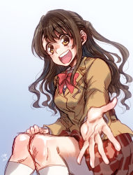 Rule 34 | 10s, 1girl, :d, blush, brown eyes, brown hair, idolmaster, idolmaster cinderella girls, long hair, looking at viewer, open mouth, outstretched arm, outstretched hand, school uniform, shimamura uzuki, simple background, sitting, skirt, smile, solo, takanashi ringo