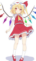 Rule 34 | 1girl, ascot, blonde hair, blush, closed mouth, collared shirt, crystal, e.o., fang, flandre scarlet, full body, hair between eyes, hat, highres, long hair, mob cap, puffy short sleeves, puffy sleeves, red eyes, red footwear, red skirt, red vest, shirt, shoes, short sleeves, side ponytail, simple background, skirt, smile, socks, solo, touhou, vest, white background, white hat, white shirt, white socks, wings, yellow ascot