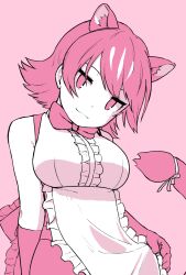 Rule 34 | 1girl, animal ear fluff, animal ears, apron, bare shoulders, bow, bowtie, breasts, center frills, commentary request, elbow gloves, extra ears, flipped hair, frilled apron, frills, gloves, head tilt, kemono friends, large breasts, limited palette, looking at viewer, panther ears, peach panther (kemono friends), pink background, pink bow, pink bowtie, pink eyes, pink gloves, pink hair, pink theme, ribbon, rumenia (ao2is), shirt, short hair, simple background, sleeveless, sleeveless shirt, smile, solo, tail, tail ornament, tail ribbon, white ribbon