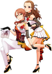 Rule 34 | 2girls, absurdres, bare shoulders, black gloves, black nails, braid, brooch, brown hair, choker, commentary request, curly hair, detached sleeves, fingerless gloves, forehead, full body, gloves, high heels, highres, hojo karen, idolmaster, idolmaster cinderella girls, jewelry, lace, lace choker, lace sleeves, long hair, looking at viewer, miniskirt, multiple girls, pants, pleated skirt, popon ta, red eyes, seki hiromi, skirt, white background, white pants, white skirt, yellow eyes