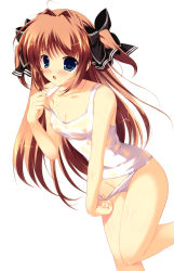 Rule 34 | 1girl, :o, absurdres, adjusting clothes, adjusting swimsuit, asuka mirai, blue eyes, blush, bow, brown hair, hair bow, highres, long hair, mikeou, nanairo kouro, one-piece swimsuit, school swimsuit, see-through, simple background, solo, swimsuit, wet, white one-piece swimsuit, white school swimsuit