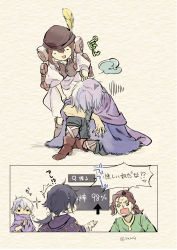 Rule 34 | 1girl, 3boys, ^^^, angry, backpack, bag, black hair, boots, bow, brown hair, cloak, comforting, comic, cuffs, cyrus (octopath traveler), dress, gameplay mechanics, gloom (expression), hair bow, handcuffs, hat, hat feather, headpat, highres, hollow eyes, multiple boys, oboro keisuke, octopath traveler, octopath traveler i, pants, paper background, shirt, short hair, short ponytail, shouting, silver hair, sitting, sparkle, standing, sweatdrop, therion (octopath traveler), thick eyebrows, thumbs up, tressa (octopath traveler), twitter username, vest